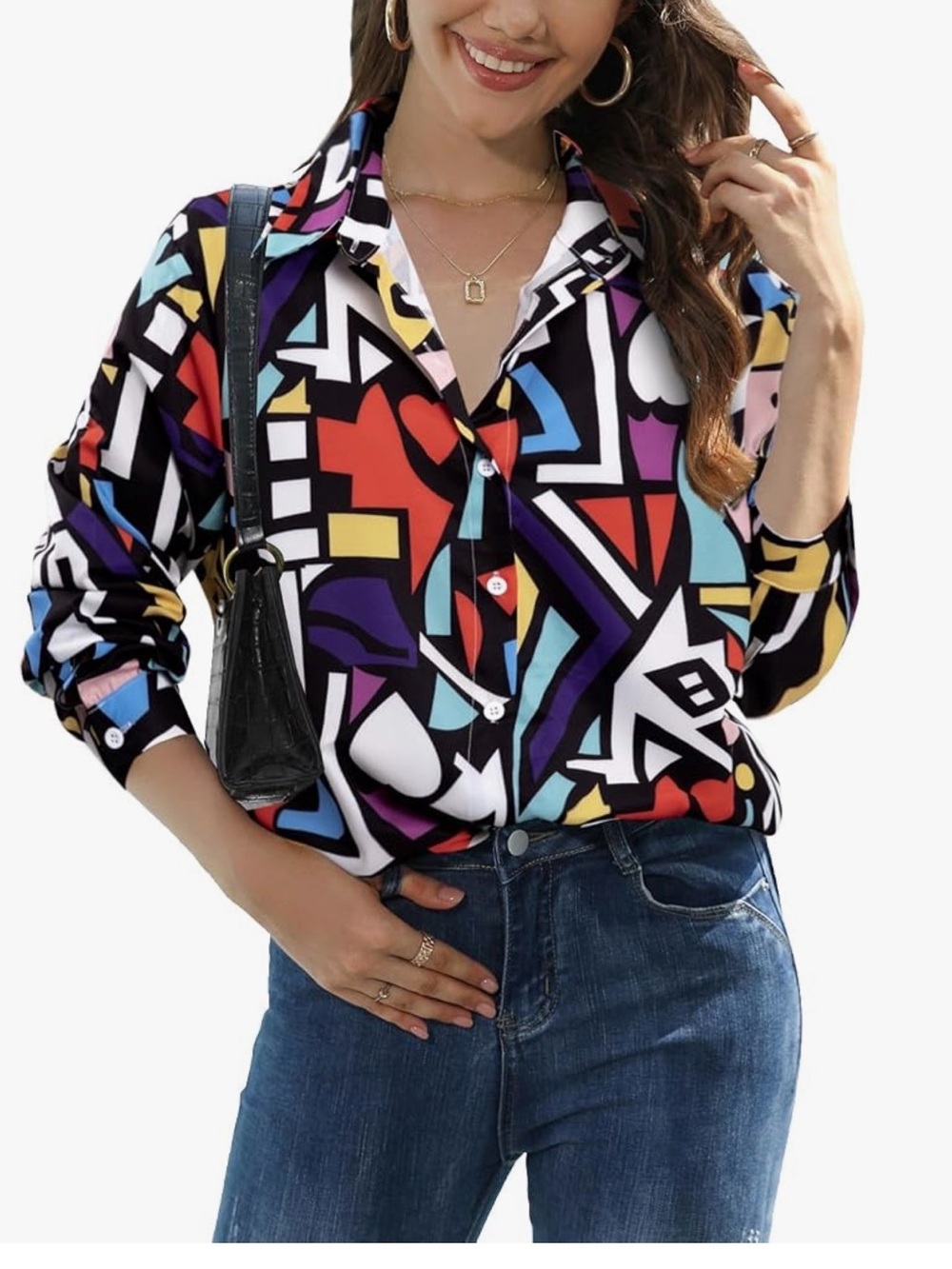 Abstract Multicolor Button-Up Shirt - Women's Casual Top